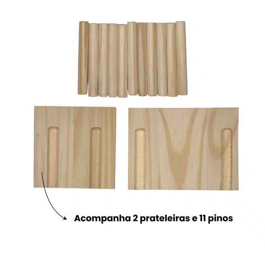 Prateleira Pegboard Circulo Em Madeira Pinus 35cm com 11 Pinos, 1 Prateleira 13,5cm e 1 Prateleira 10cm