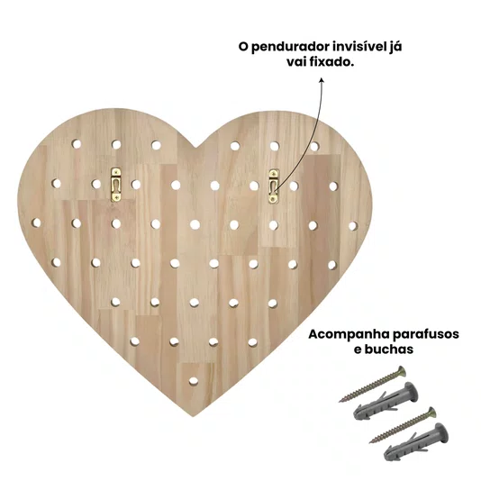 Prateleira Pegboard Coração Em Madeira Pinus Com 10 Pinos, 1 Prateleira 13,5cm e 1 Prateleira 10cm