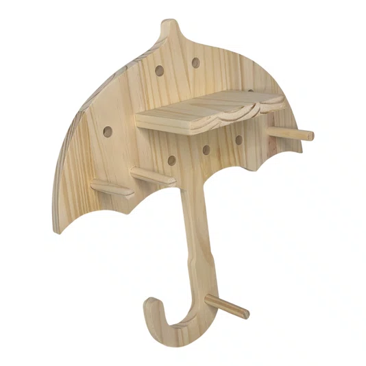 Prateleira Pegboard Guarda-Chuva Em Madeira Pinus com 6 Pinos e 1 Prateleira 13,5cm