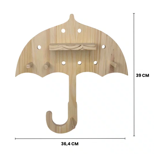 Prateleira Pegboard Guarda-Chuva Em Madeira Pinus com 6 Pinos e 1 Prateleira 13,5cm