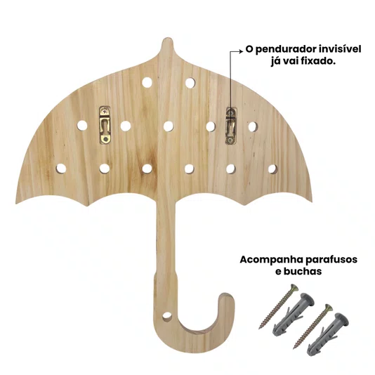Prateleira Pegboard Guarda-Chuva Em Madeira Pinus com 6 Pinos e 1 Prateleira 13,5cm