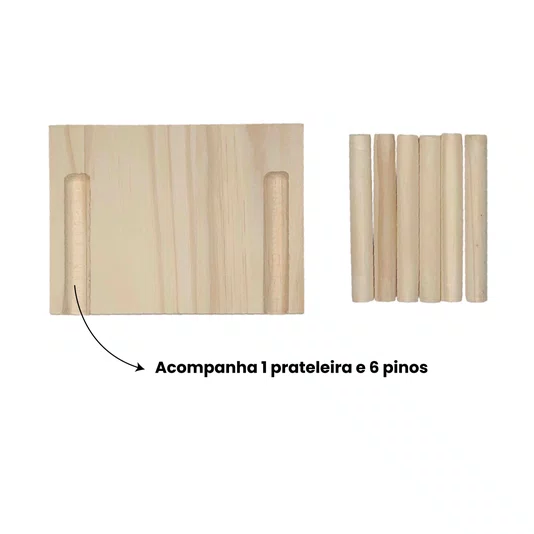 Prateleira Pegboard Guarda-Chuva Em Madeira Pinus com 6 Pinos e 1 Prateleira 13,5cm