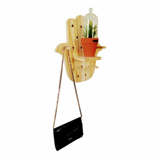 Prateleira Pegboard Mão Hamsa Em Madeira Pinus com 6 Pinos e 1 Prateleira 10cm