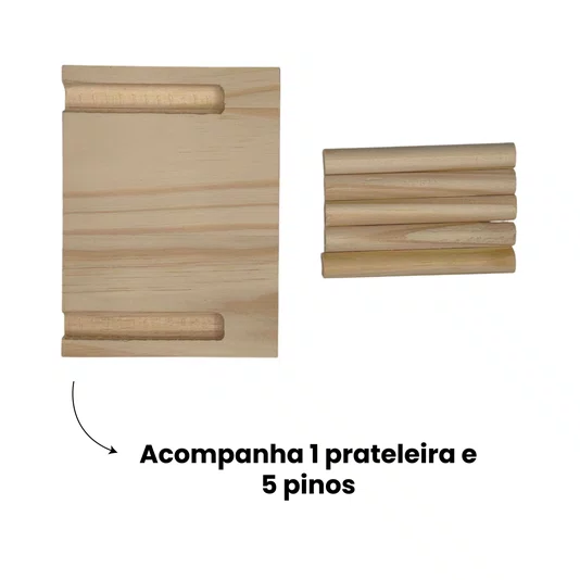 Prateleira Pegboard Pássaro Com 5 Pinos e 1 Prateleira 13,5cm Em Madeira Pinus