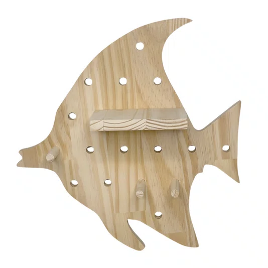 Prateleira Pegboard Peixe Em Madeira Pinus Com 6 Pinos e 1 Prateleira 13,5cm