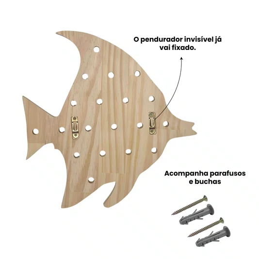 Prateleira Pegboard Peixe Em Madeira Pinus Com 6 Pinos e 1 Prateleira 13,5cm