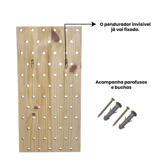 Prateleira Pegboard Retângulo Em Madeira Pinus Com 16 Pinos e 3 Prateleiras 13,5cm