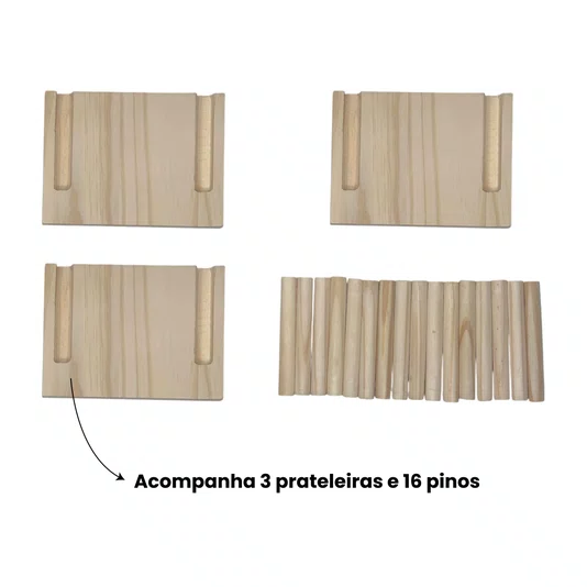 Prateleira Pegboard Retângulo Em Madeira Pinus Com 16 Pinos e 3 Prateleiras 13,5cm