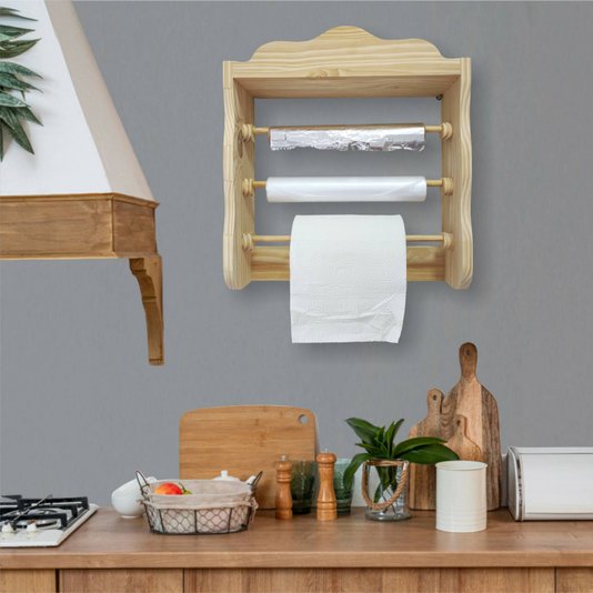 Suporte Dispender Para Papel Toalha Rolos Triplo de Madeira Pinus - 45x49x13,8cm - Farmhouse