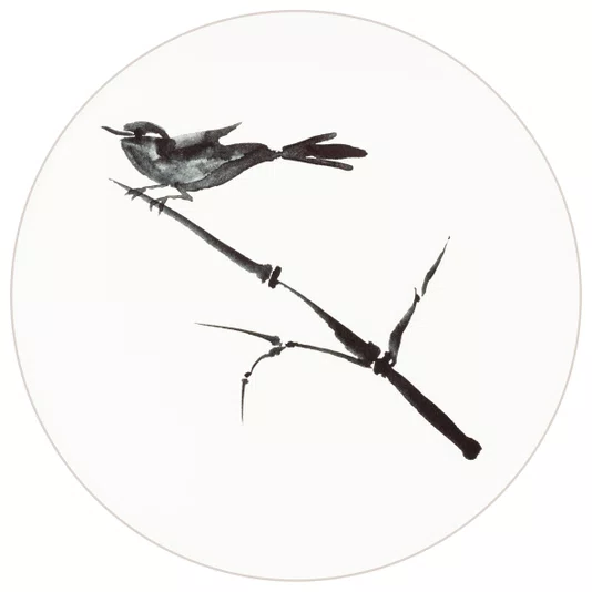 Quadro Decorativa Redondo Suzume Pintura de Pardal Pousado em galho no Estilo Sumiê com Moldura em Couro Sintético
