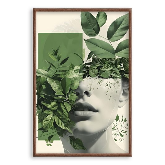 Quadro Decorativo Abstrato Com Rosto e Folhas Verdes