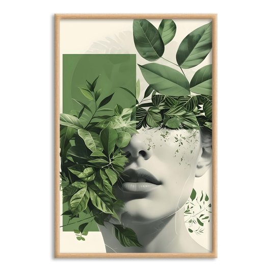 Quadro Decorativo Abstrato Com Rosto e Folhas Verdes