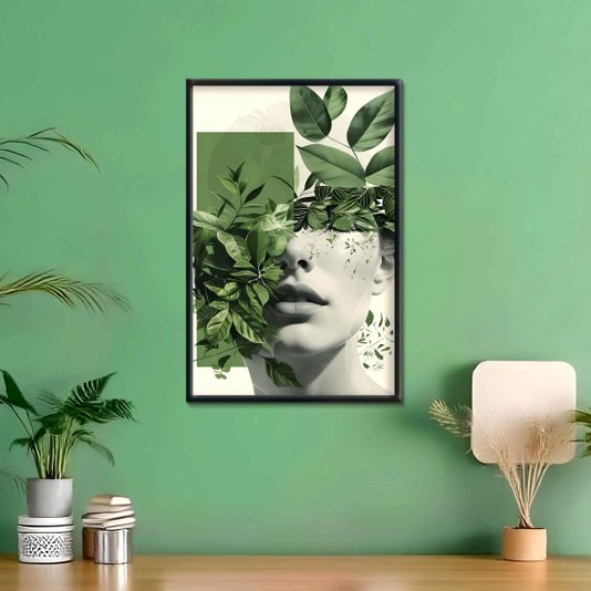 Quadro Decorativo Abstrato Com Rosto e Folhas Verdes