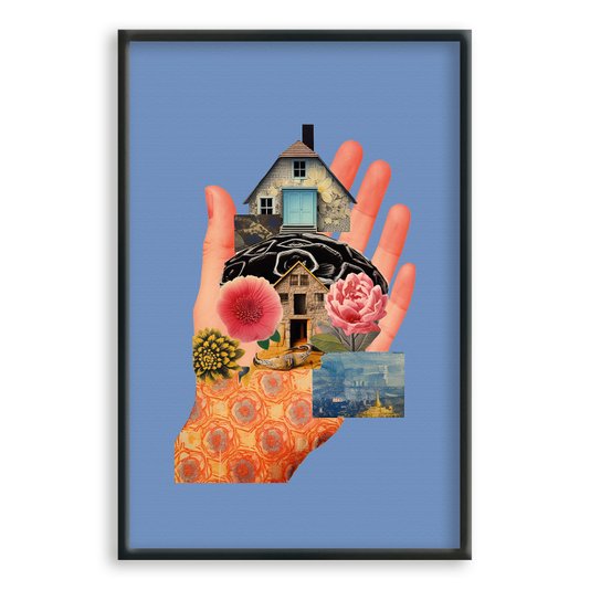 Quadro Decorativo Abstrato Surrealista Mãos Segurando Casa