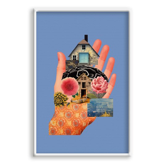 Quadro Decorativo Abstrato Surrealista Mãos Segurando Casa
