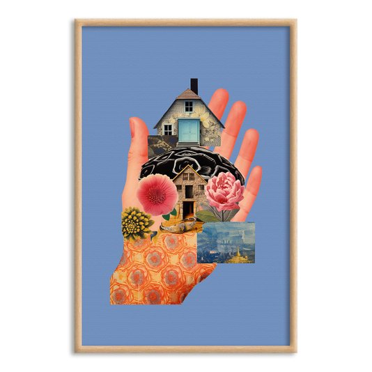 Quadro Decorativo Abstrato Surrealista Mãos Segurando Casa
