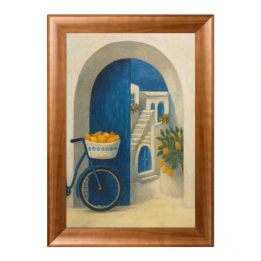 Quadro Decorativo Arco e Portal Azul Bicicleta com Limões em Contraste com a Escadaria Branca