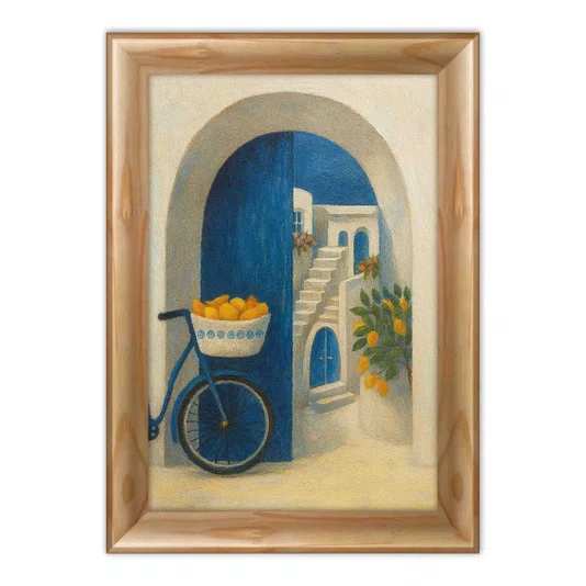 Quadro Decorativo Arco e Portal Azul Bicicleta com Limões em Contraste com a Escadaria Branca