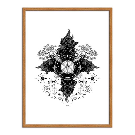 Quadro Decorativo Bússola Rosa dos Ventos com Flores