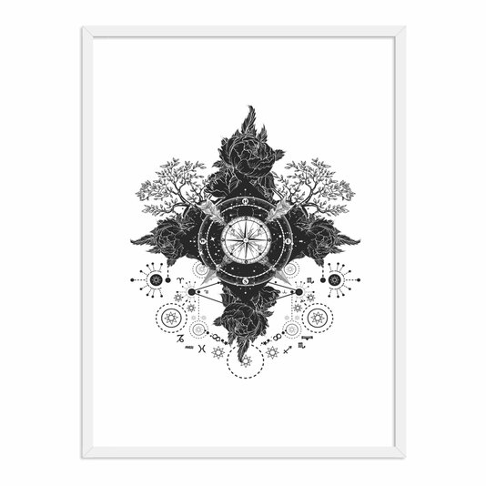 Quadro Decorativo Bússola Rosa dos Ventos com Flores