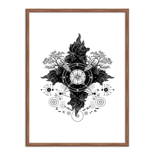 Quadro Decorativo Bússola Rosa dos Ventos com Flores