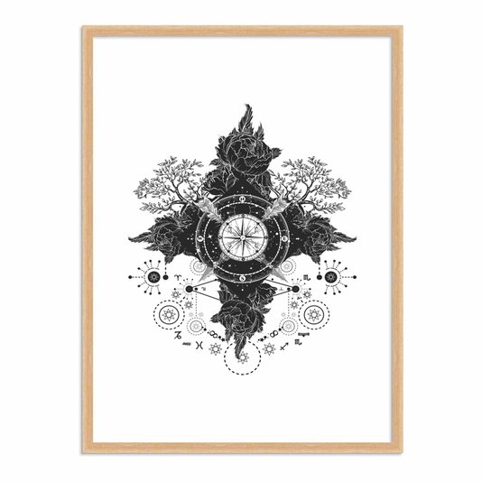 Quadro Decorativo Bússola Rosa dos Ventos com Flores