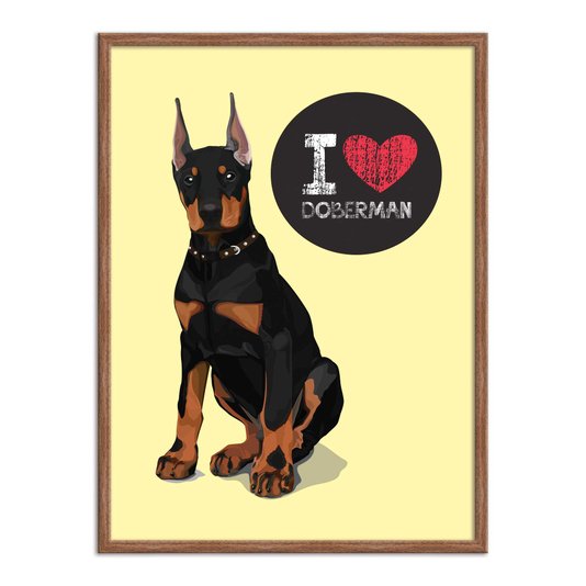 Quadro Decorativo Cachorro Frase: "I Love Doberman" Amarelo