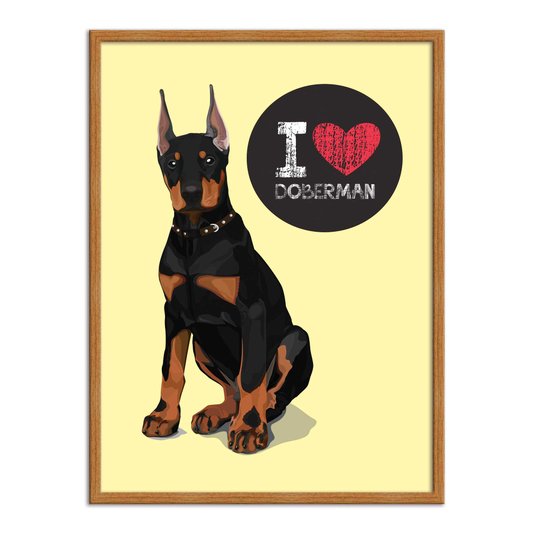 Quadro Decorativo Cachorro Frase: "I Love Doberman" Amarelo