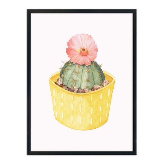 Quadro Decorativo Cactus com Flor Rosa e Vaso Amarelo