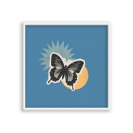 Quadro Decorativo Colagem Abstrata Com Borboleta E Formas Geométricas