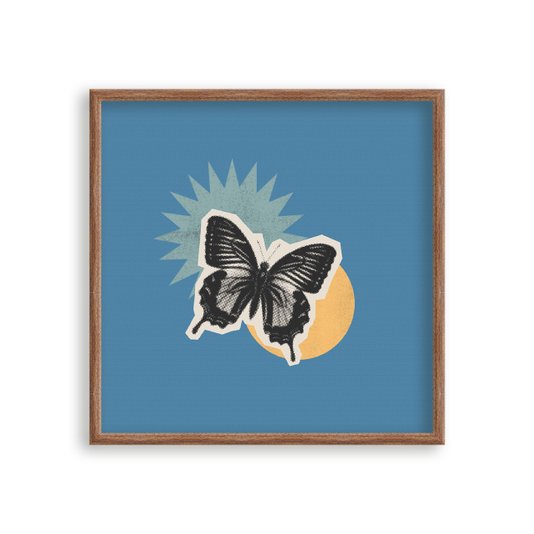 Quadro Decorativo Colagem Abstrata Com Borboleta E Formas Geométricas