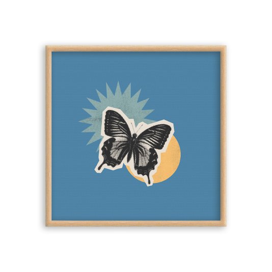 Quadro Decorativo Colagem Abstrata Com Borboleta E Formas Geométricas
