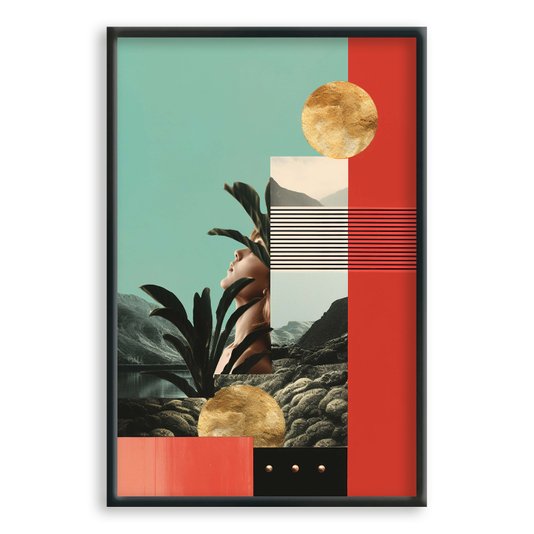Quadro Decorativo Colagem Abstrata Com Folhas e Formas Geométricas