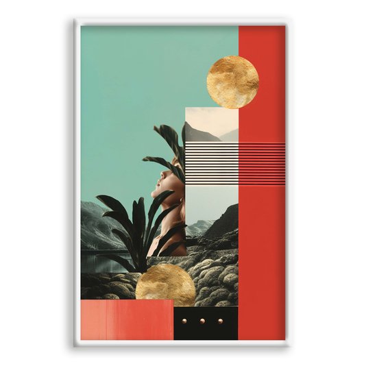 Quadro Decorativo Colagem Abstrata Com Folhas e Formas Geométricas