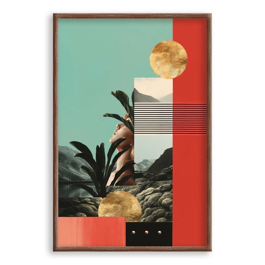 Quadro Decorativo Colagem Abstrata Com Folhas e Formas Geométricas