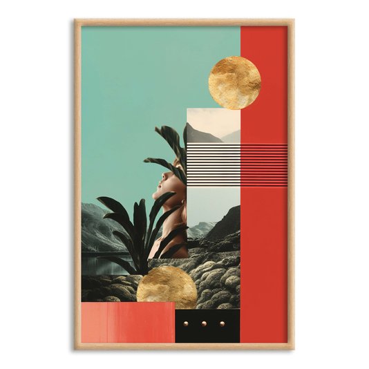 Quadro Decorativo Colagem Abstrata Com Folhas e Formas Geométricas