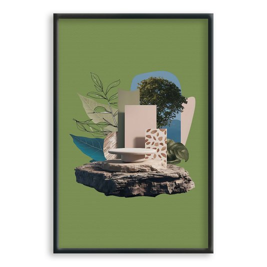 Quadro Decorativo Colagem Abstrata Com Folhas Verdes E Formas Geométricas