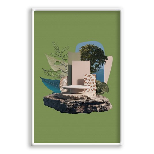 Quadro Decorativo Colagem Abstrata Com Folhas Verdes E Formas Geométricas