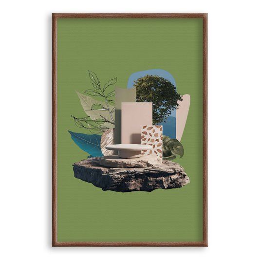 Quadro Decorativo Colagem Abstrata Com Folhas Verdes E Formas Geométricas