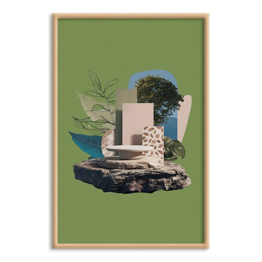 Quadro Decorativo Colagem Abstrata Com Folhas Verdes E Formas Geométricas