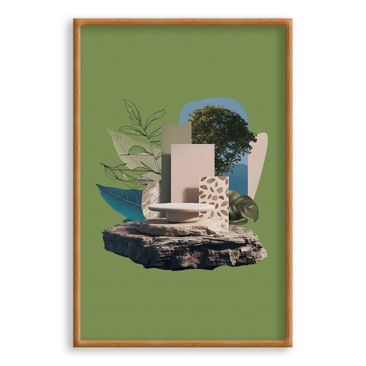 Quadro Decorativo Colagem Abstrata Com Folhas Verdes E Formas Geométricas