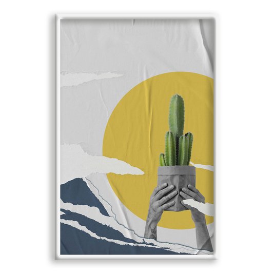 Quadro Decorativo Colagem Abstrata Com Sol e Cacto