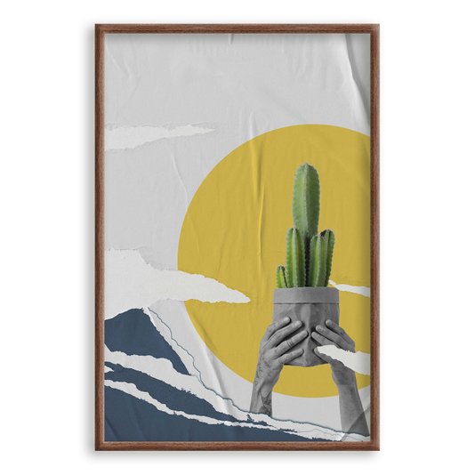 Quadro Decorativo Colagem Abstrata Com Sol e Cacto