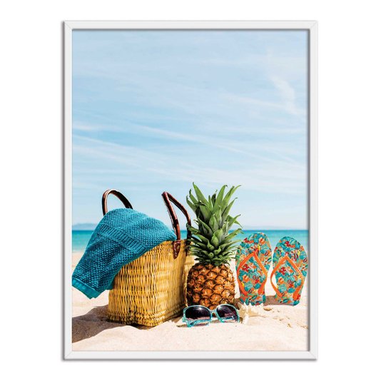 Quadro Decorativo  Coleção Mar Chinelo, Abacaxi E Bolsa De Praia