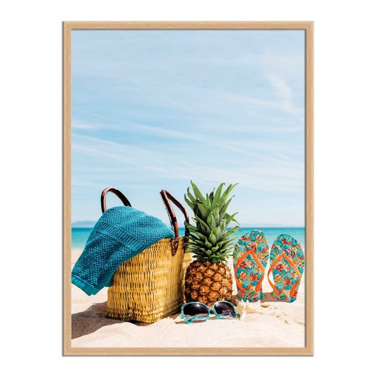 Quadro Decorativo  Coleção Mar Chinelo, Abacaxi E Bolsa De Praia