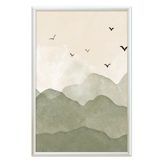 Quadro Decorativo Colinas Com Pássaros Calm Colors Estilo Japandi