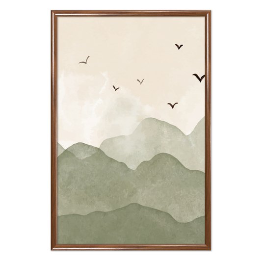Quadro Decorativo Colinas Com Pássaros Calm Colors Estilo Japandi