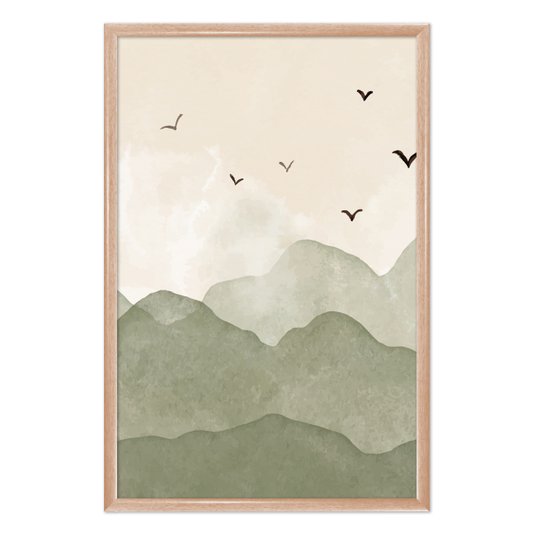 Quadro Decorativo Colinas Com Pássaros Calm Colors Estilo Japandi