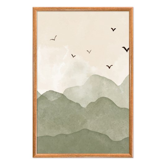 Quadro Decorativo Colinas Com Pássaros Calm Colors Estilo Japandi