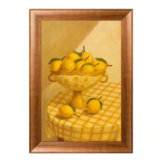 Quadro Decorativo Composição de Limões em Taça e Toalha Xadrez, Tons Monocromáticos de Amarelo e Iluminação Dramática